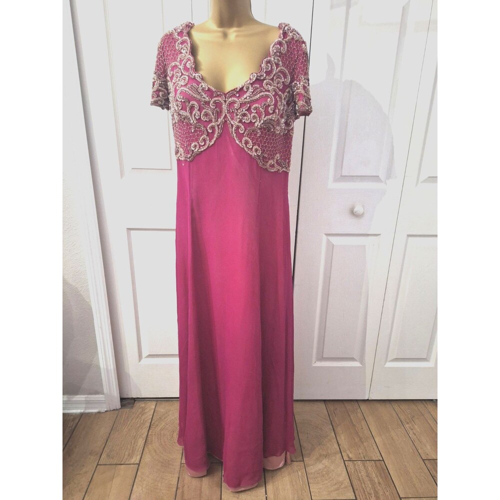 Fleur De Lis 100% Silk Beaded Fuchsia Pink Formal Evening Dress Gown 20 MOB Prom